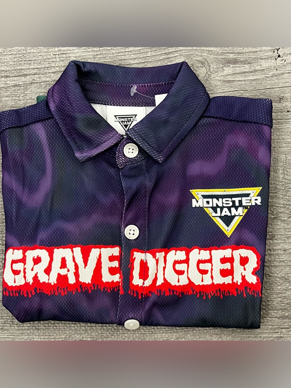 Monster Jam Boys 14/16 Purple/Green/Black Grave Digger Graphic Collared Button